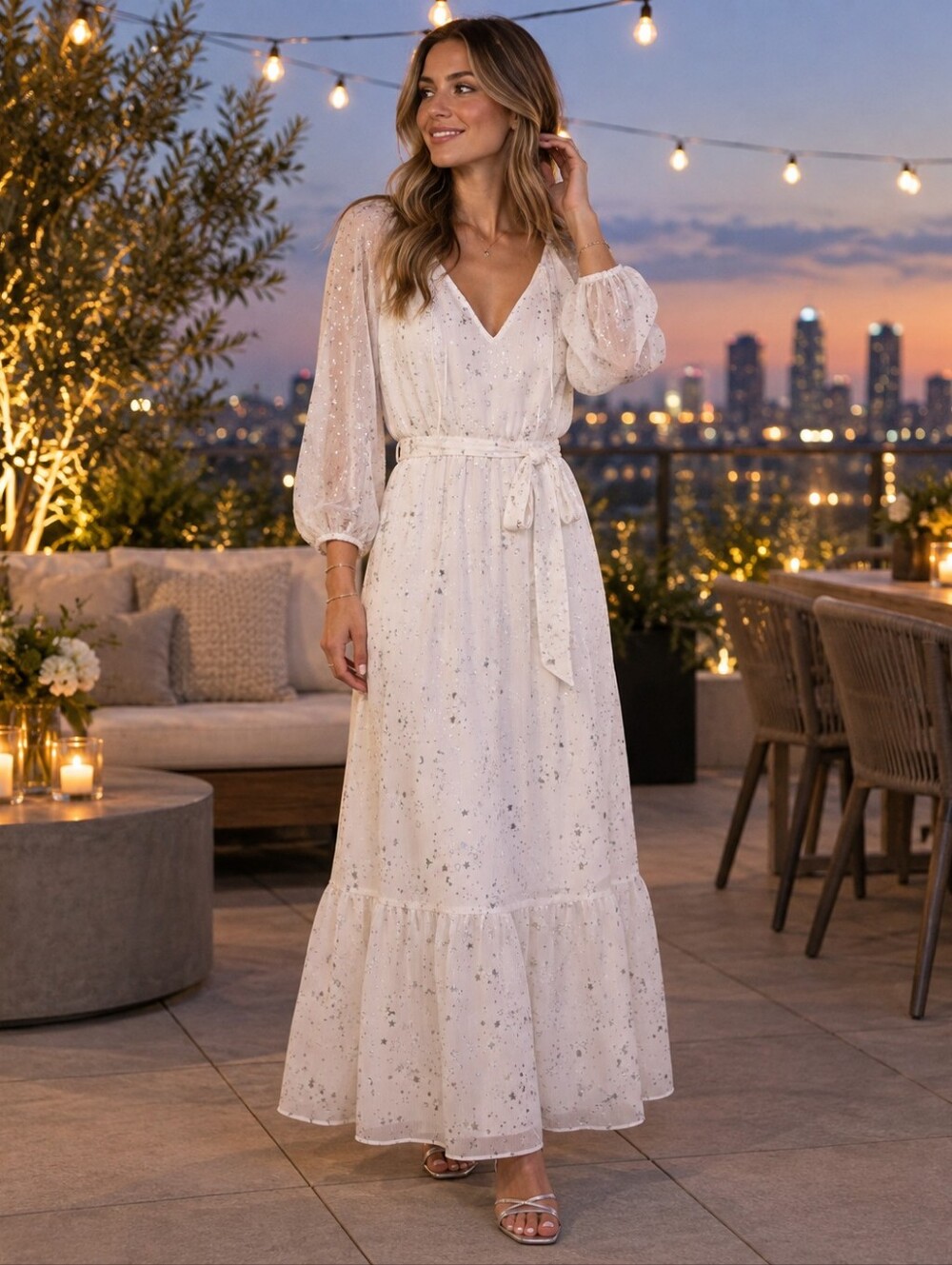 NWT Gap S Tall White Silver Celestial Star Moon Maxi Dress